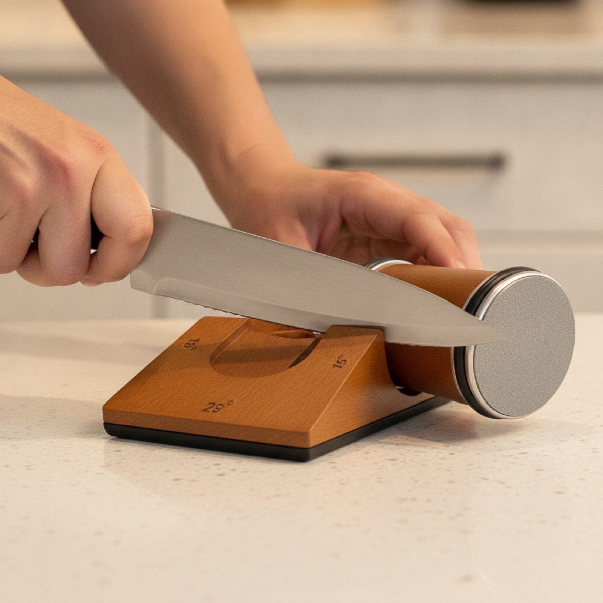 Hands rolling the RollHone drum along a knife held by the magnetic block
