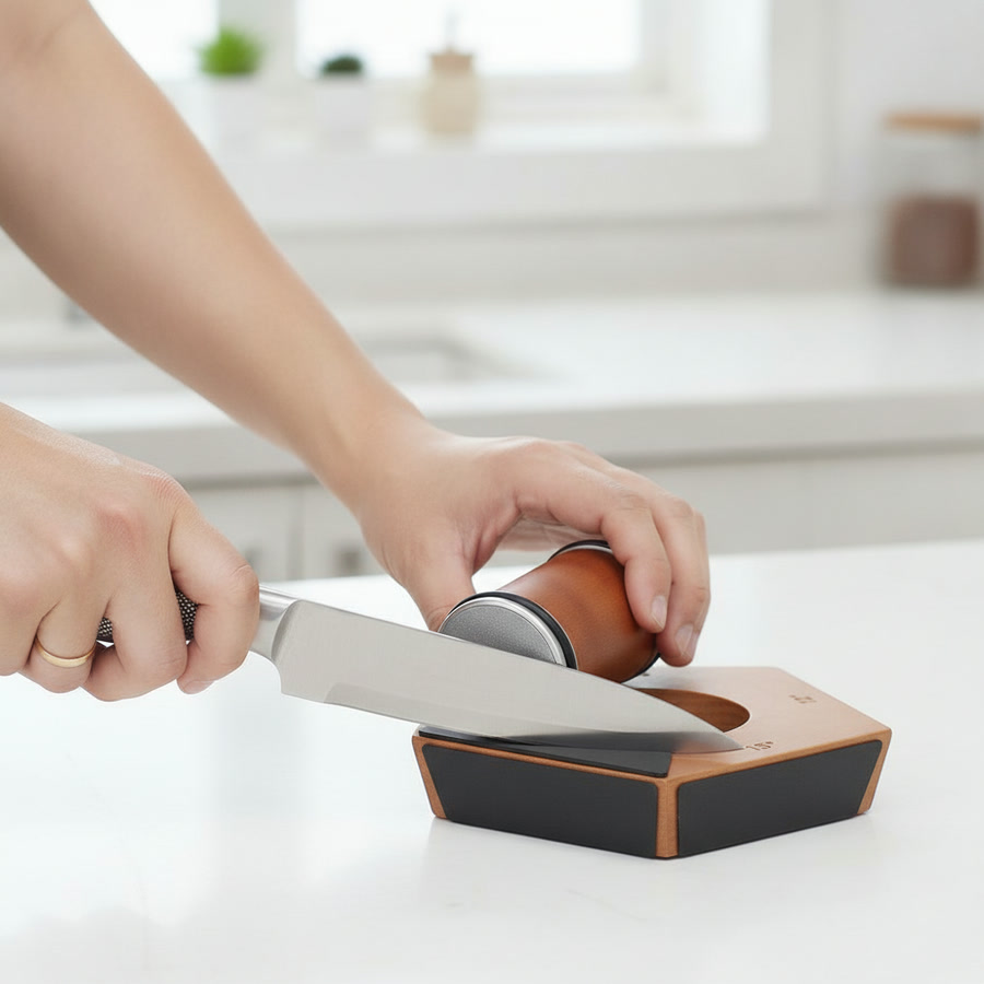 Chef's knife held upright against the RollHone magnetic block