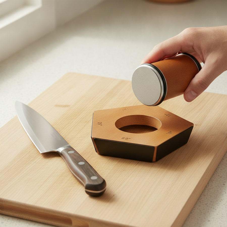 Flipping the RollHone drum to its honing face beside a sharpened knife