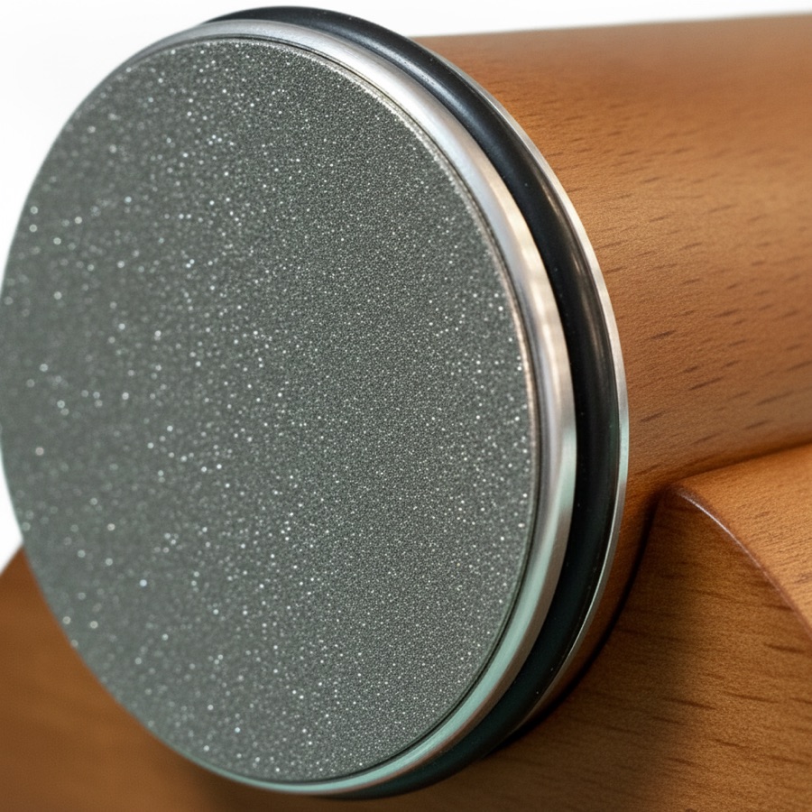 Macro of the RollHone diamond abrasive face and beech wood grain
